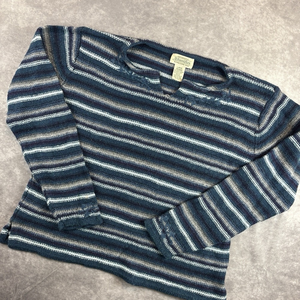 Vintage St Johns‎ Bay Sweater Womens L Blue Striped Pullover Roses Wool Blend